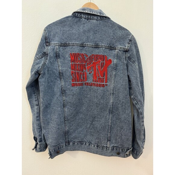 Vintage 90s MTV Denim Jacket Men's Medium Light Blue Embroidered Rock 6389 - Picture 4 of 8